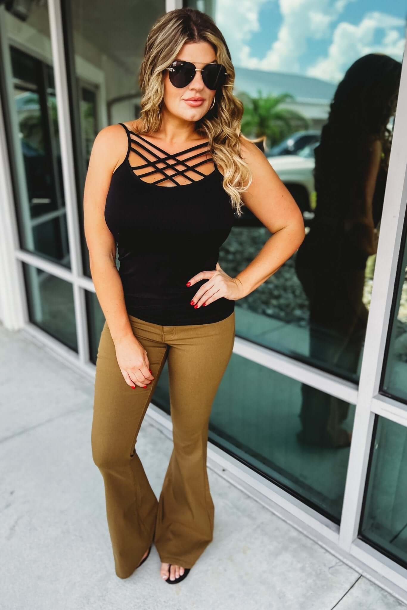 Premium Olive Disco Nights Stretchy Flares - Size XL