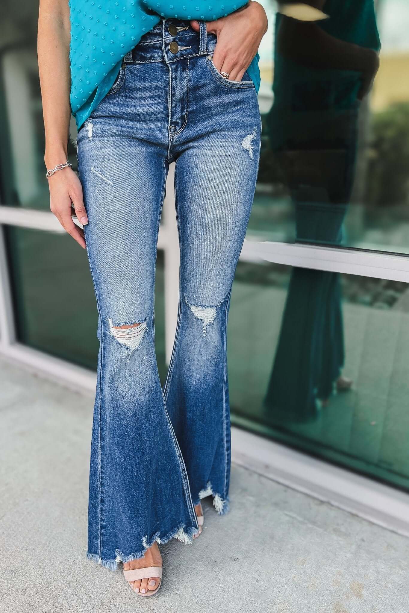 Premium Kaitlyn High Rise Flare Jeans - Medium Wash with Frayed Hem