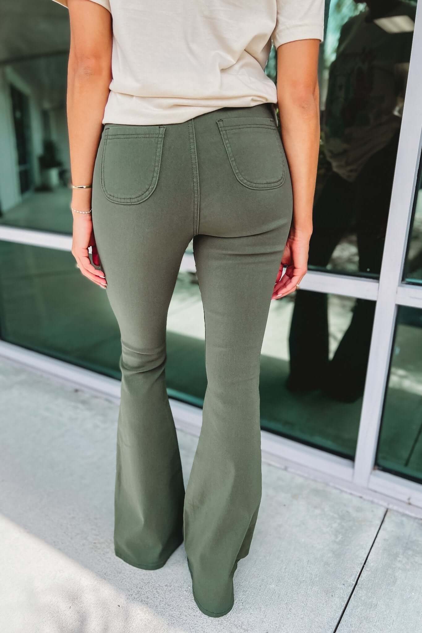 Premium Olive Disco Nights Stretchy Flares - Size XL