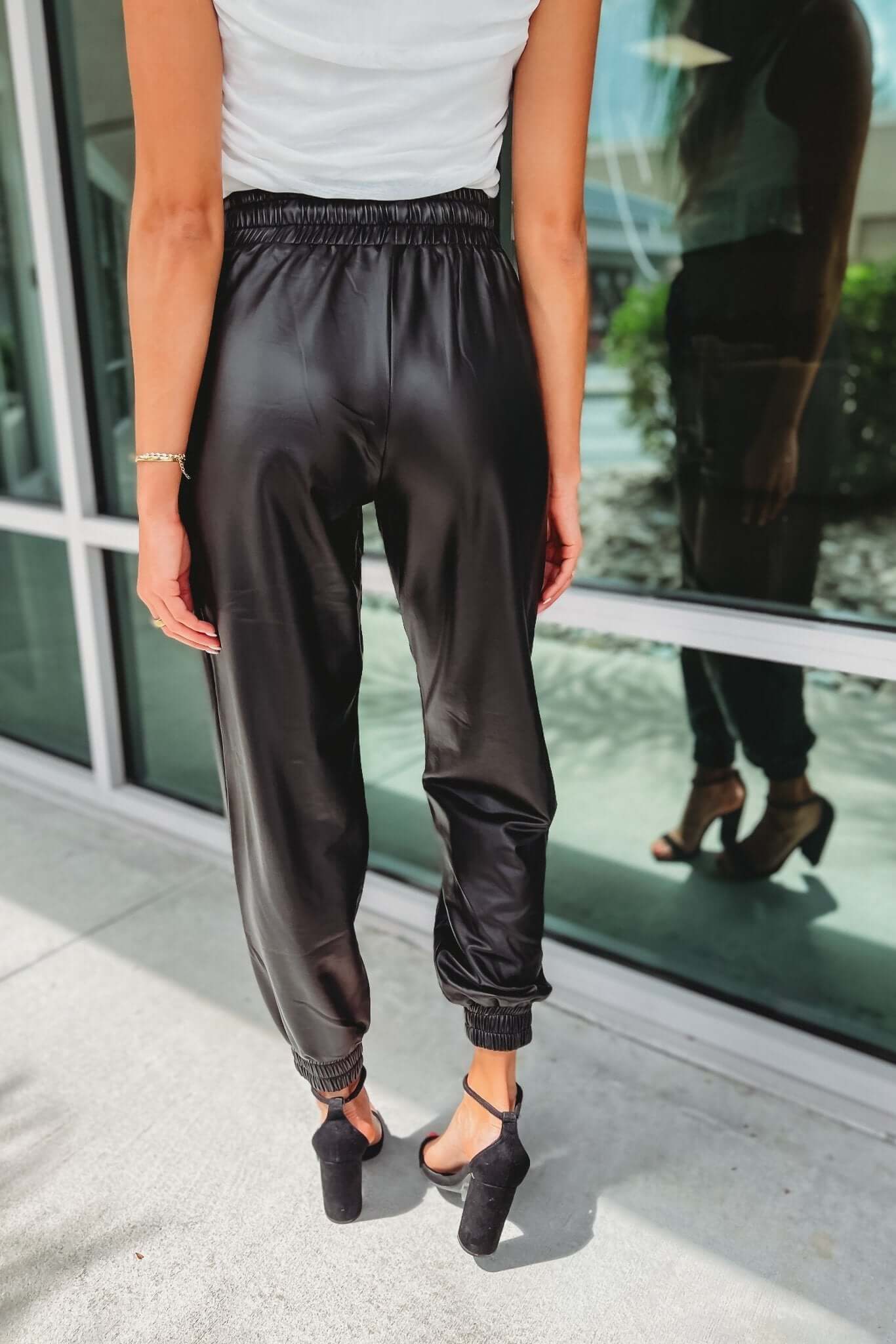 Premium Black Faux Leather Joggers with Pockets