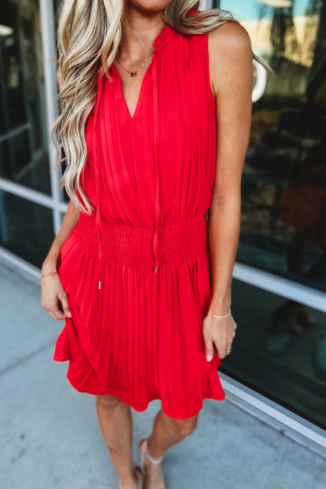 Premium Coral Red Pleated Dress - Where the Heart Is