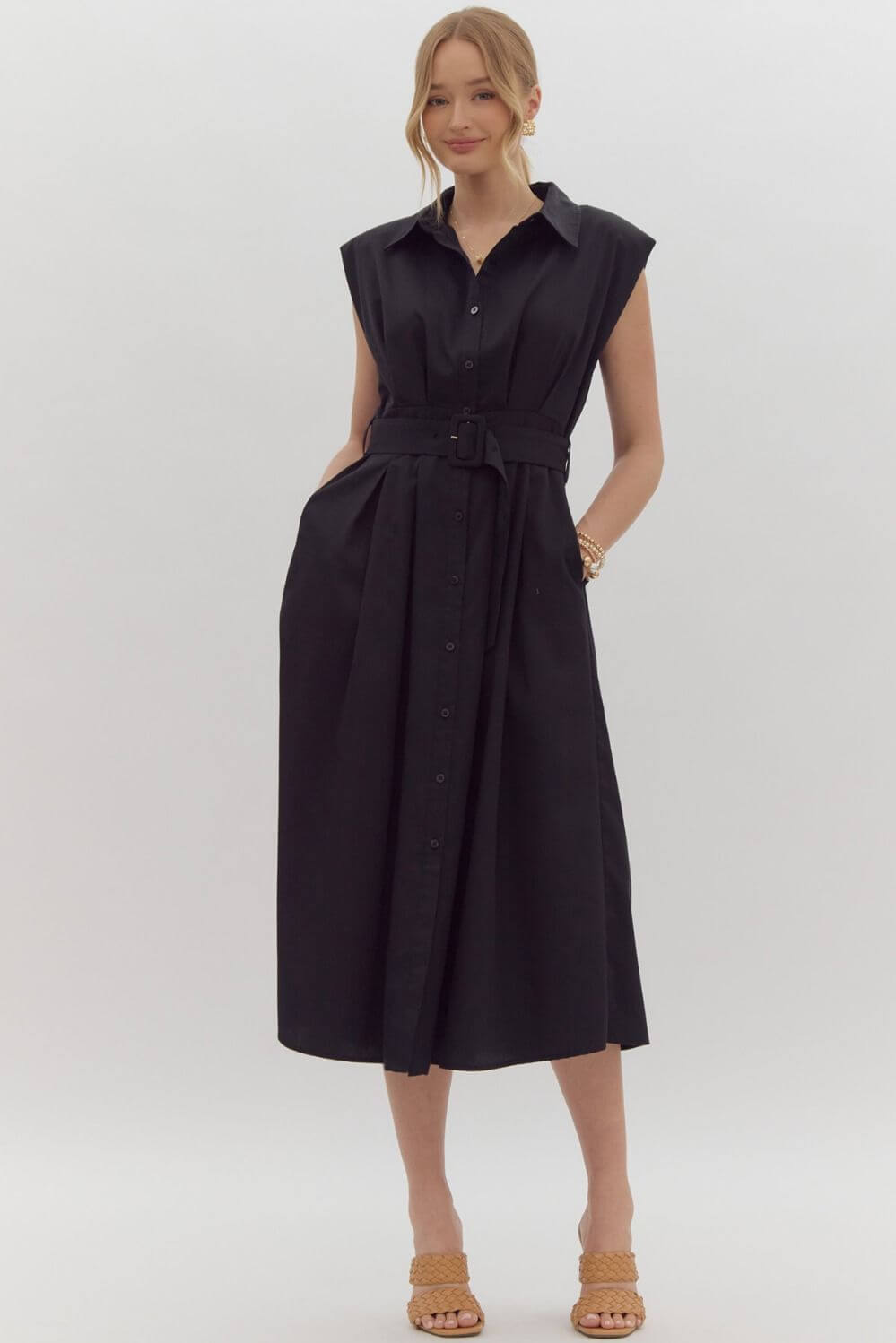 Premium Tea Party Collared Belted Black Midi Dress - Ultimate Style Upgrade