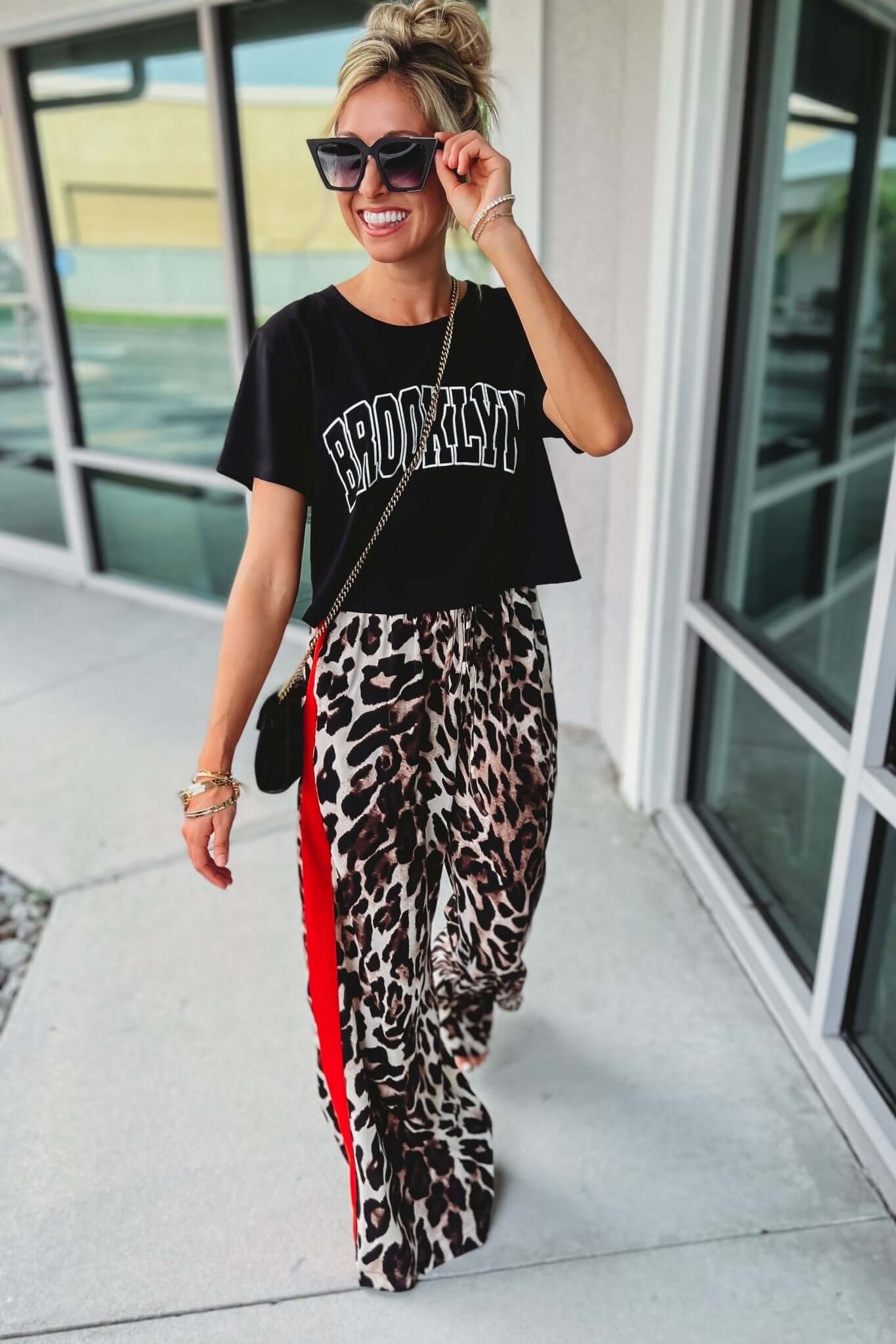 Premium Leopard Print Wide-Leg Pants with Red Stripes