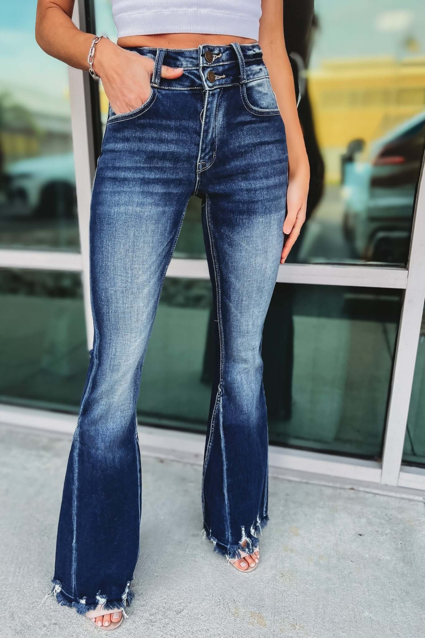 Ultimate Brynn High Rise Flare Jeans - Premium Dark Wash with Distressed Hem