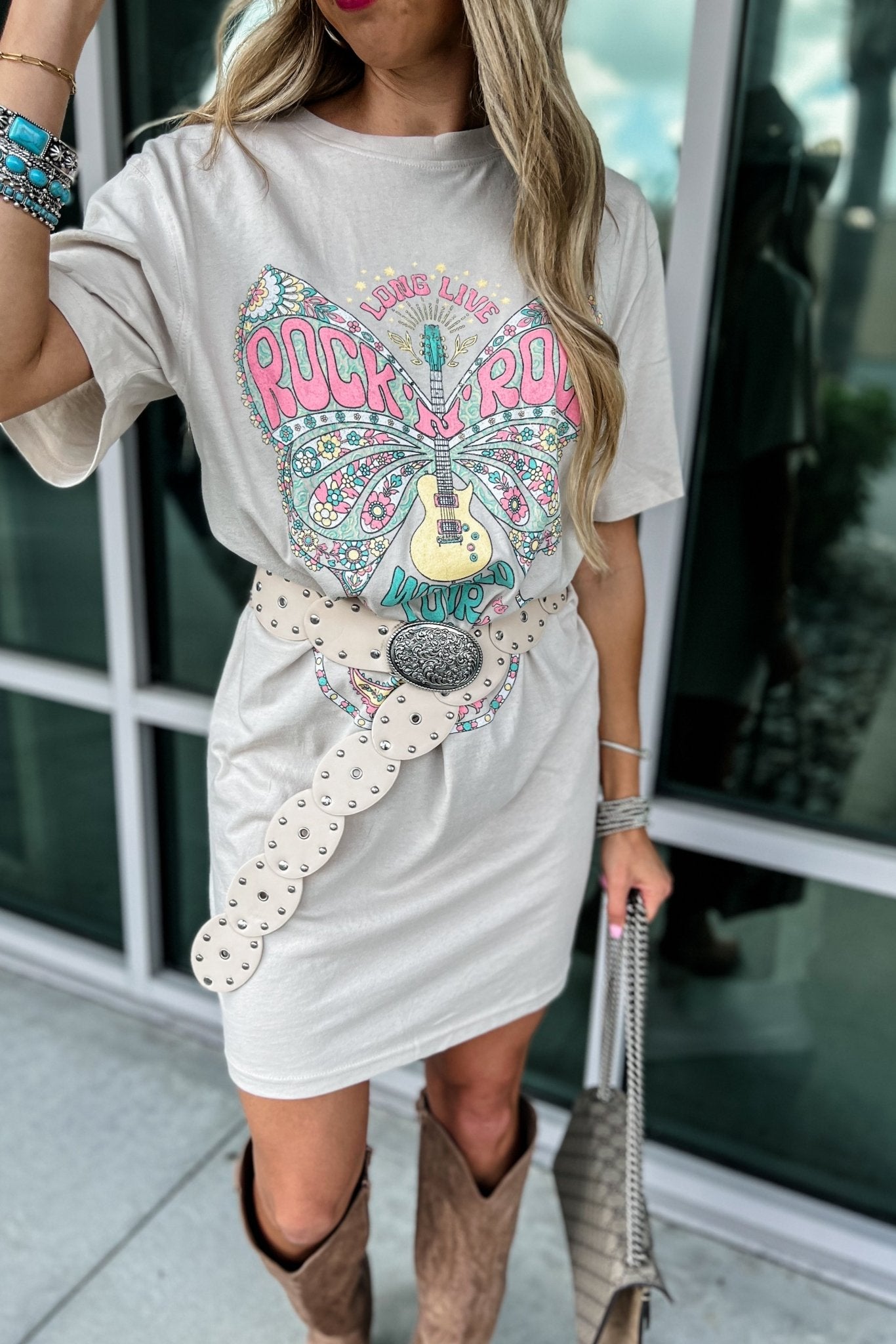 Ultimate Rock N Roll Stone Butterfly Graphic Shirt Dress
