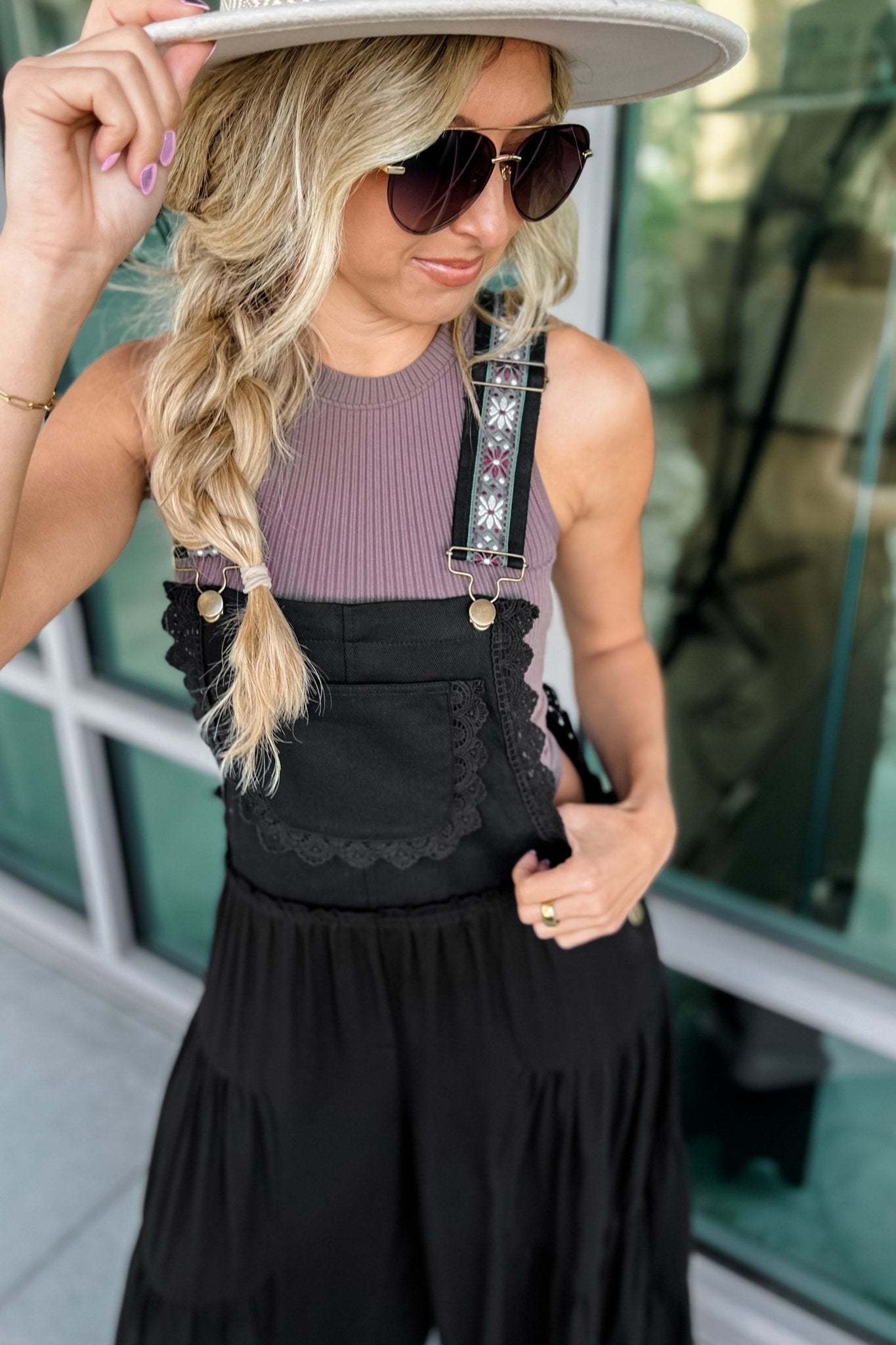 Premium Boho Chic Black Free Spirit Lace Trim Overalls