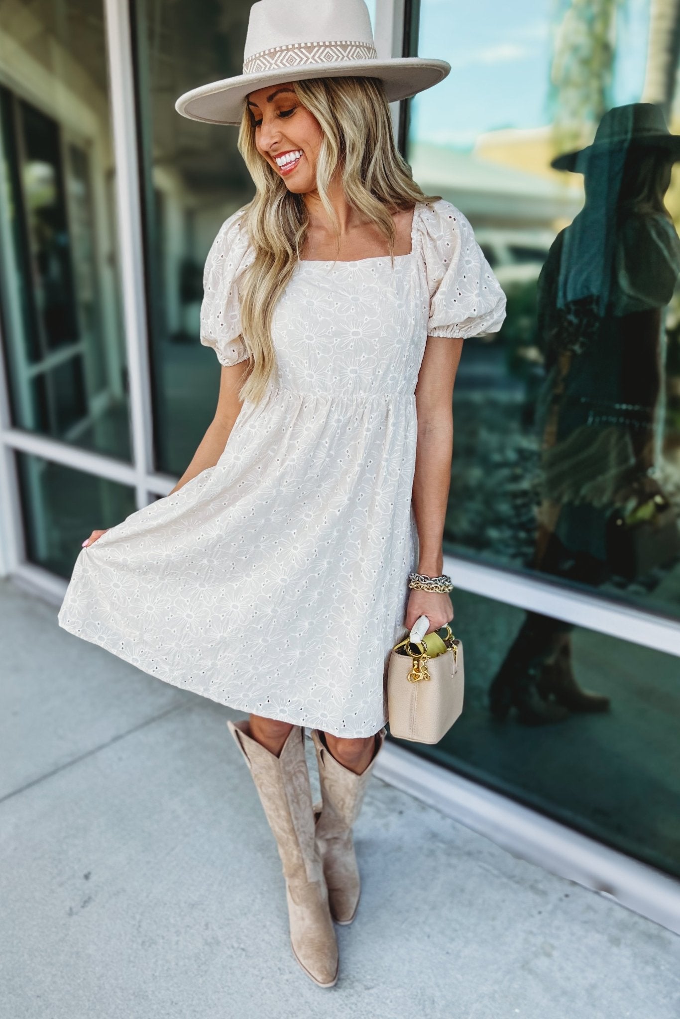 Premium Ivory Meadow Eyelet Puff Sleeve Dress - Ultimate Elegance