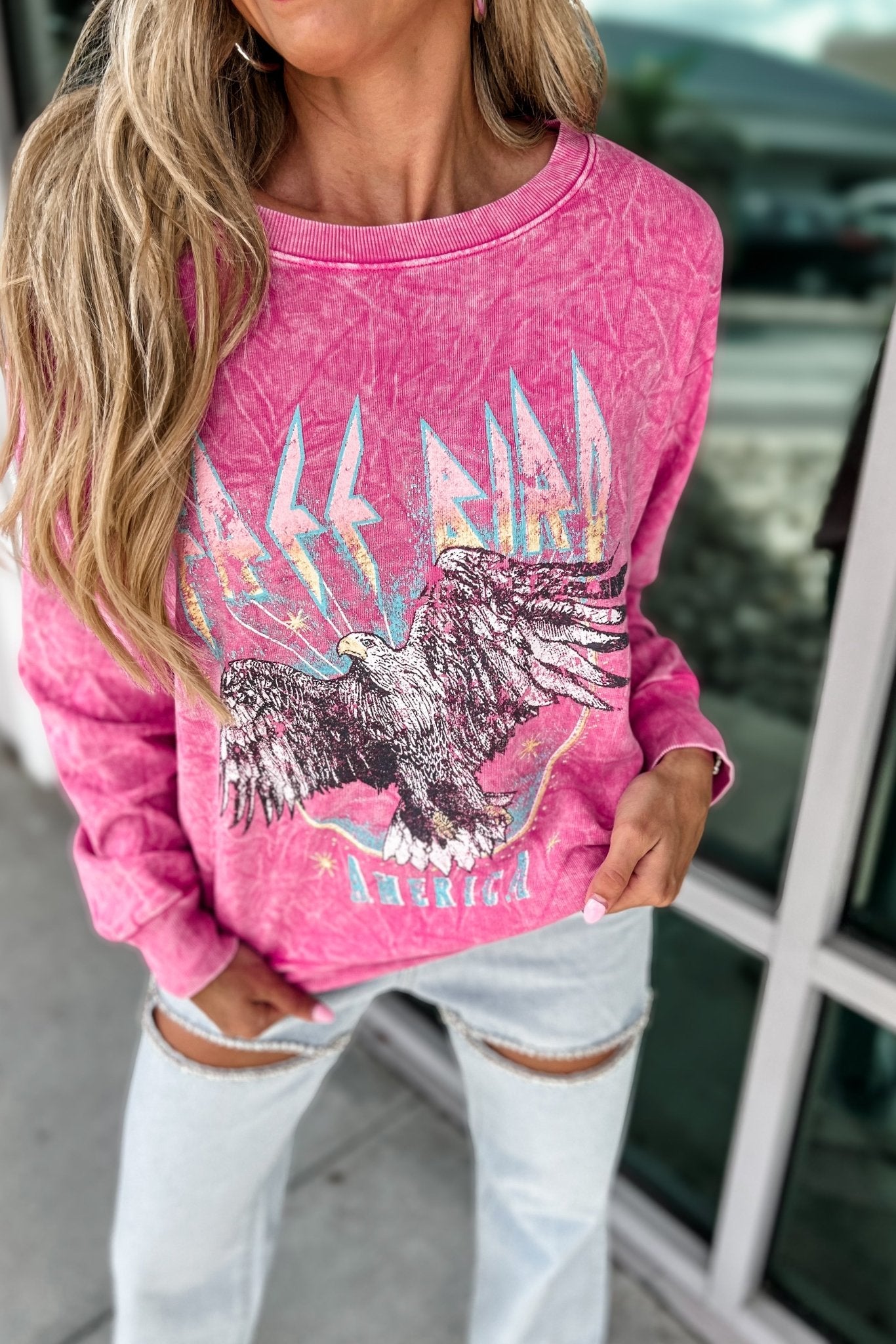 Premium Free Bird Vintage Mineral Washed Pink Graphic Sweatshirt